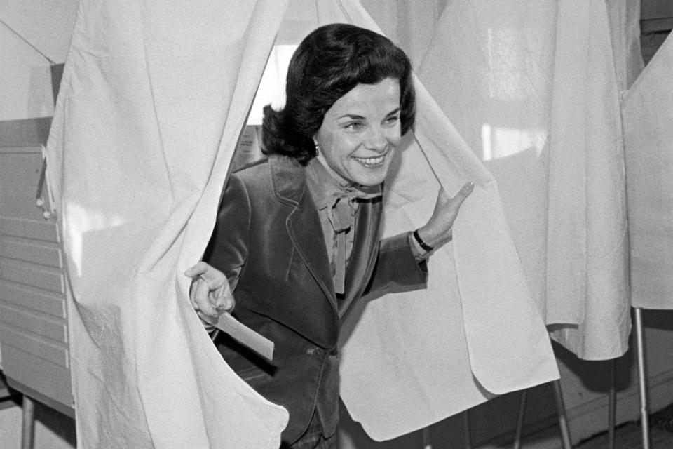 Diane Feinstein Exiting Voting Booth (Bettmann Archive file)