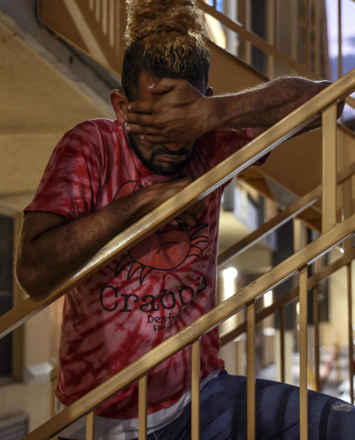 Venezuelan Luis Oswaldo, 39, who was left stranded at La Quinta after he missed the charter bus, contemplates his future. “They left and that was it. They didn’t give out more food. I have water from the lobby. I’m ‘eating’ water now.” About twenty migrants (mostly men) boarded a charter bus back to the Migrant Resources Center after their flight out of San Antonio, Texas was cancelled on Tuesday, September 20, 2022.
