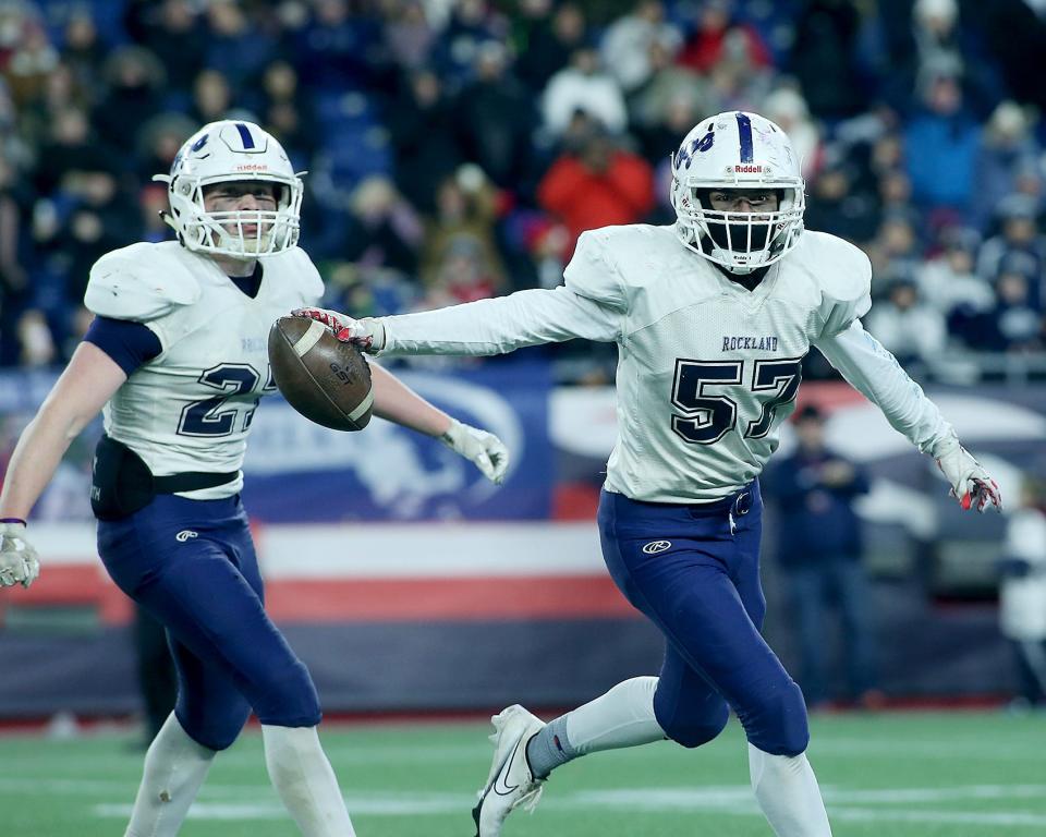 Rockland’s Gabe Pinheiro celebrates his fourth-quarter fumble recovery during the Division 6 state title game at Gillette Stadium in Foxboro on Friday, Dec. 3, 2021.