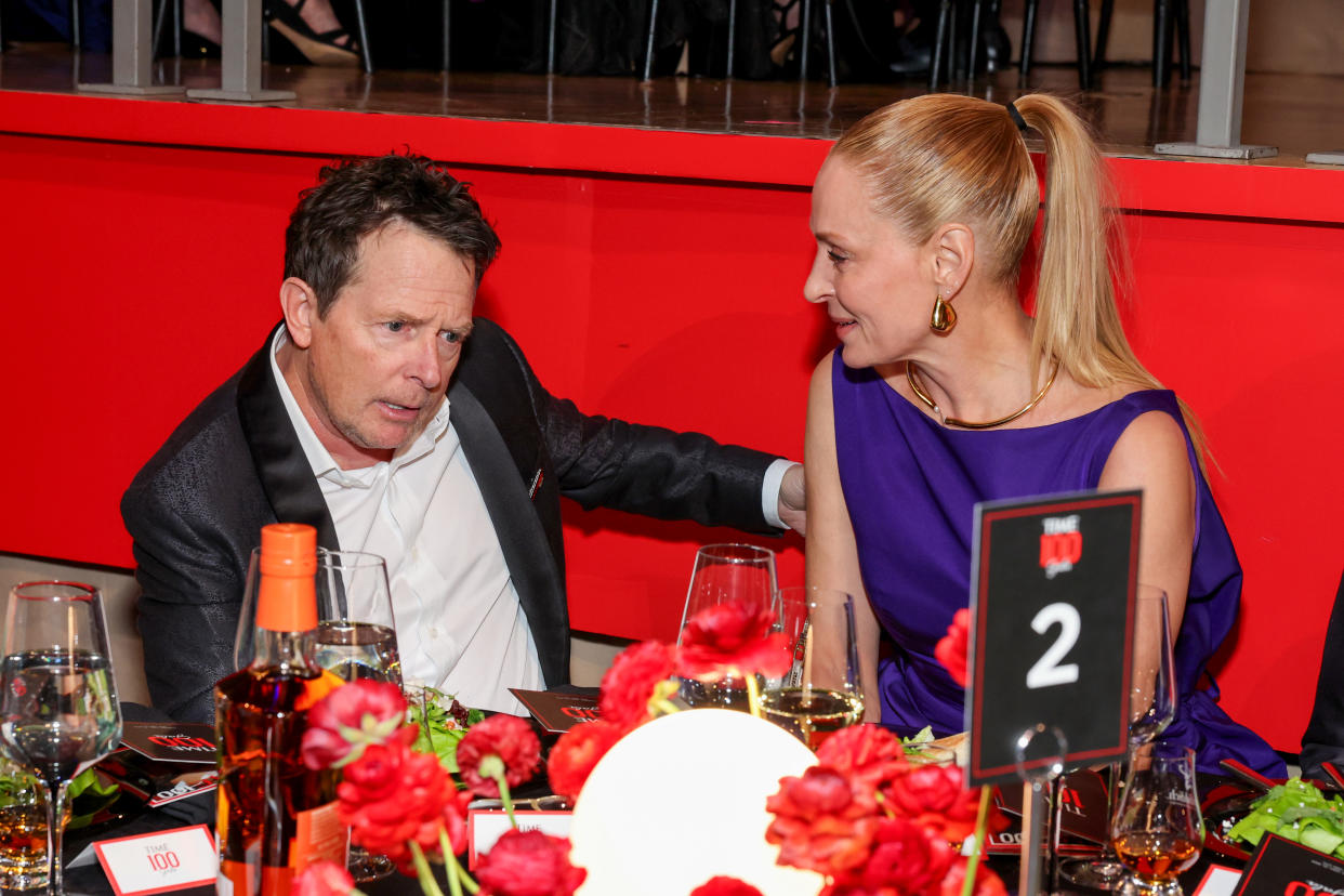 NEW YORK, NEW YORK - APRIL 25: (L-R) Michael J. Fox and Uma Thurman attend the 2024 TIME100 Gala at Jazz at Lincoln Center on April 25, 2024 in New York City.  (Photo by Cindy Ord/Getty Images for TIME)