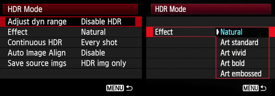 The Canon EOS 5DS' in-camera HDR mode takes three images of different exposures (standard exposure, underexposure, and overexposure) and merges them together automatically into one JPEG image.