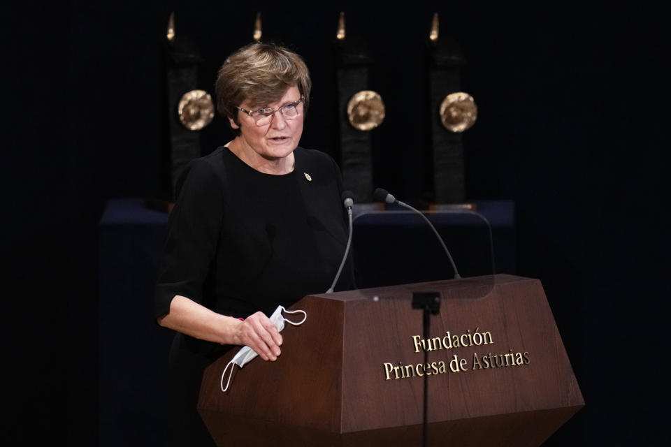 FILE - Katalin Kariko, speaks after receiving, together with six other scientists, the Princess of Asturias Award for Technical & Scientific Research 2021 from Spain's Princess of Asturias Leonor, at a ceremony in Oviedo, northern Spain, Friday Oct. 22, 2021. THe Nobel Prize in medicine awarded to Katalin Karikó and Drew Weissman for enabling development of mRNA COVID-19 vaccines , it was announced on Monday, Oct. 2, 2023. (AP Photo/Manu Fernandez, File)