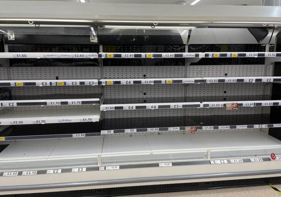 Empty shelves in the meat aisle of a branch of Tesco in Liverpool (Peter Byrne/PA) (PA Wire)