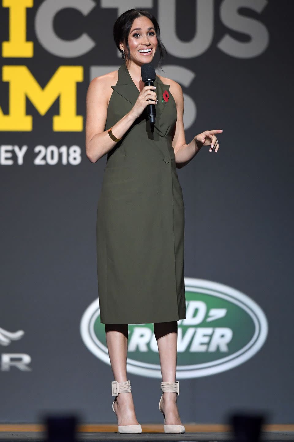 <p><strong>October 2018 </strong>For the Invictus Games closing ceremony, the duchess chose a Antonio Berardi olive green dress.</p>