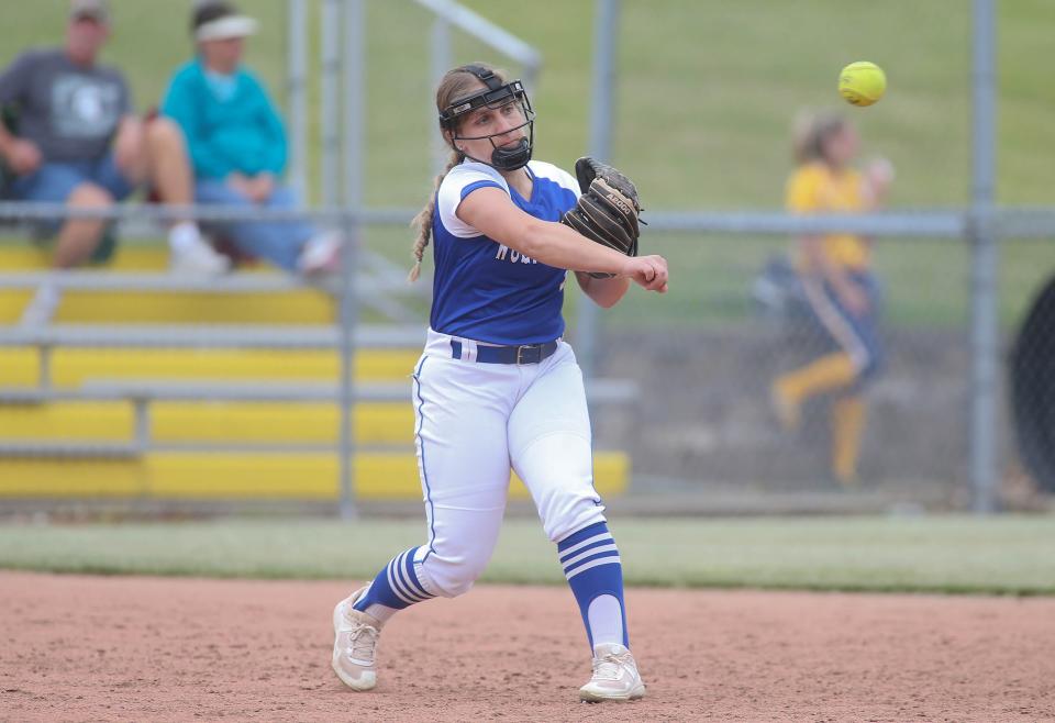 Ellwood City's Aliya Garroway throws to second in the first inning against Yough during the first round of the WPIAL 3A Playoffs Tuesday evening at North Allegheny High School.