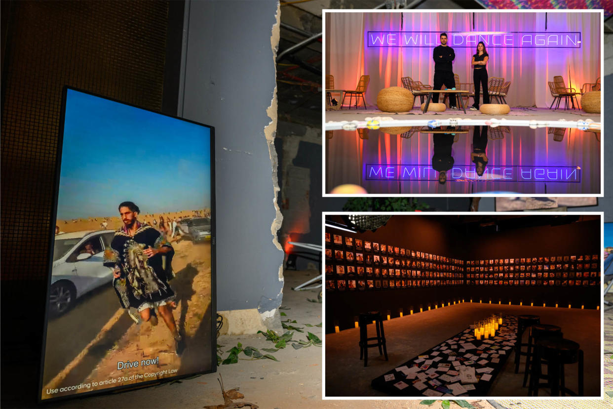 composite image: upper left screens show clips of the attack next to actual item from the festival; upper right Nova survivor Natalie Sanandaji, and Reef Peretz, Chairman of the Nova Foundation, pose in the 'healing room' where the words 