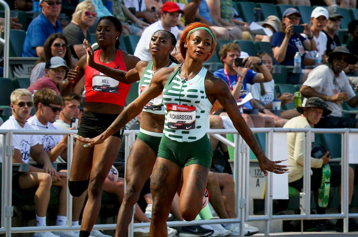 Sha’Carri Richardson celebrates winning the first round of the women’s 100 meter dash on day one of the USA Outdoor Track and Field Championships at Hayward Field in Eugene Thursday, July 6, 2023.