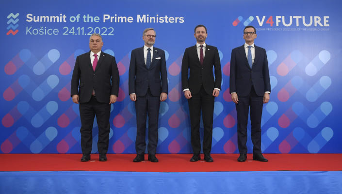 From left, Prime Ministers Viktor Orban of Hungary, Petr Fiala of the Czech Republic, Eduard Heger of Slovakia and Mateusz Morawiecki of Poland pose for a family photo after the summit of Visegrad Group (V4) prime ministers in Kosice, Slovakia, Thursday Nov. 24, 2022. (Frantisek Ivan/TASR via AP)