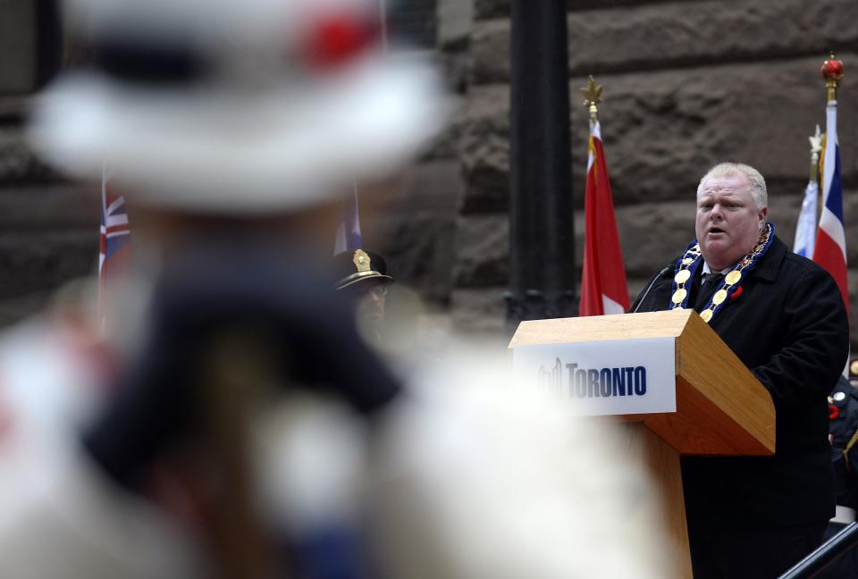 Toronto Mayor Rob Ford makes his address during Remembrance Day ceremonies at Old City Hall in Toronto November 11, 2013. REUTERS/Aaron Harris (CANADA - Tags: POLITICS ANNIVERSARY MILITARY)