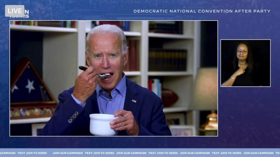 President Joe Biden digs into a bowl of ice cream during a taped segment at the Democratic National Committee's virtual afterparty in 2020.