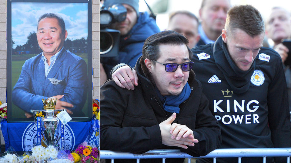 An emotional send-off for Vichai Srivaddhanaprabha, as star striker Jamie Vardy comforts Vice chairman Aiyawatt Srivaddhanaprabha. Pic: Getty