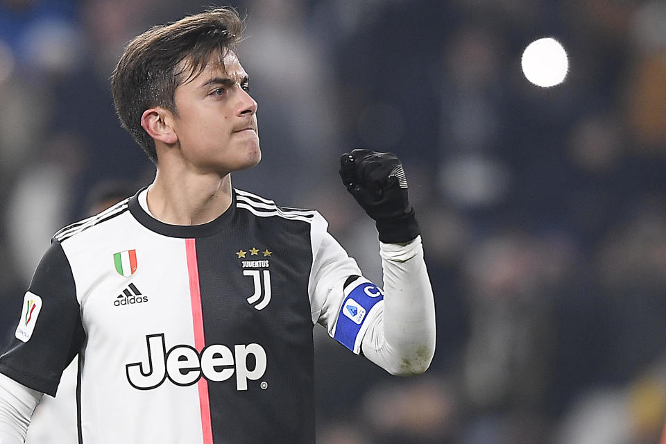 El delantero argentino Paulo Dybala tras anotar un gol en la victoria 4-0 ante Udinese por los octavos de final de la Copa Italia en el estadio Allianz de Turín, el miércoles 15 de enero de 2020. (Fabio Ferrari/LaPress via AP)