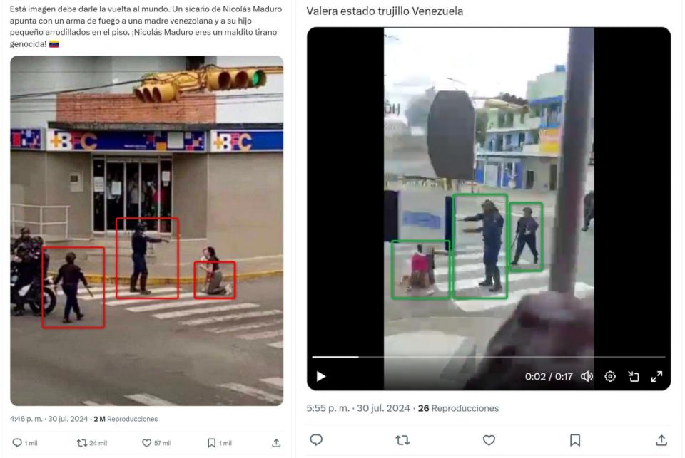 <span>Comparación entre la captura de pantalla de una publicación en X (I) y un video de las protestas, hecha el 1 de agosto de 2024</span>