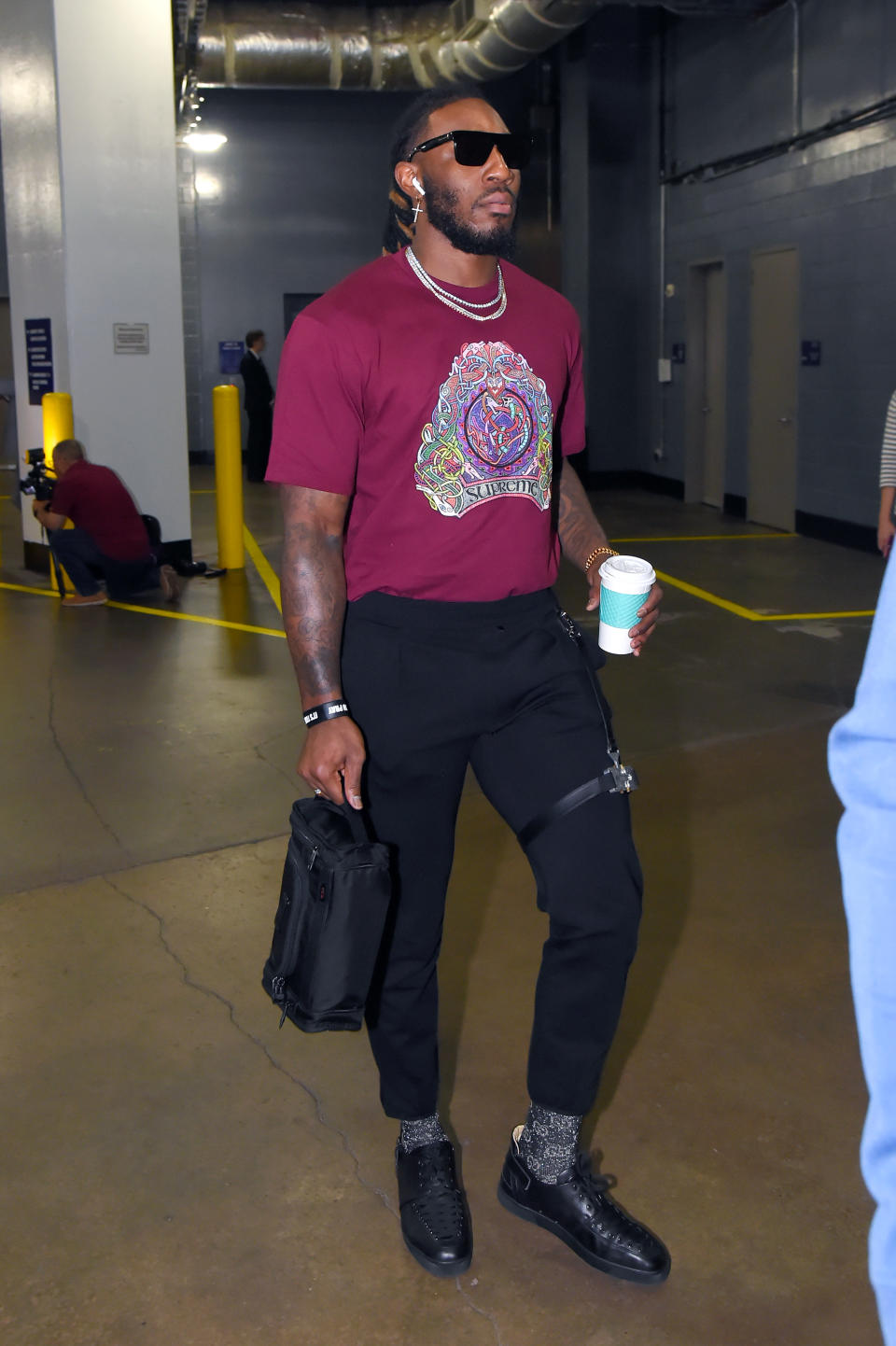 HOUSTON, TX - APRIL 17: Jae Crowder wears a Supreme Celtic logo shirt ahead of Game 2 between the Jazz and Rockets on April 17.