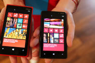 NEW YORK, NY - SEPTEMBER 05: The the new Nokia Lumia 920 (L) and 820 Windows smartphones are displayed during a joint event with Microsoft on September 5, 2012 in New York City. The new Nokia phones are the first smartphones built for Windows 8. Analysts see the new phones as Nokia's last chance to compete with fellow technology companies Apple and Samsung in the lucrative smartphone market. (Photo by Spencer Platt/Getty Images)