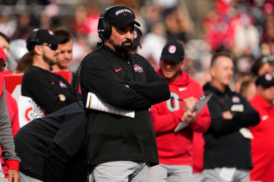 Nov 4, 2023; Piscataway, New Jersey, USA; Ohio State Buckeyes head coach Ryan Day watches from the sideline during the first half of the NCAA football game against the Rutgers Scarlet Knights at SHI Stadium.