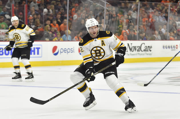 Boston Bruins right wing David Backes in action during a preseason NHL hockey game against the Philadelphia Flyers, Saturday, Oct. 1, 2016, in Philadelphia. (AP Photo/Derik Hamilton)