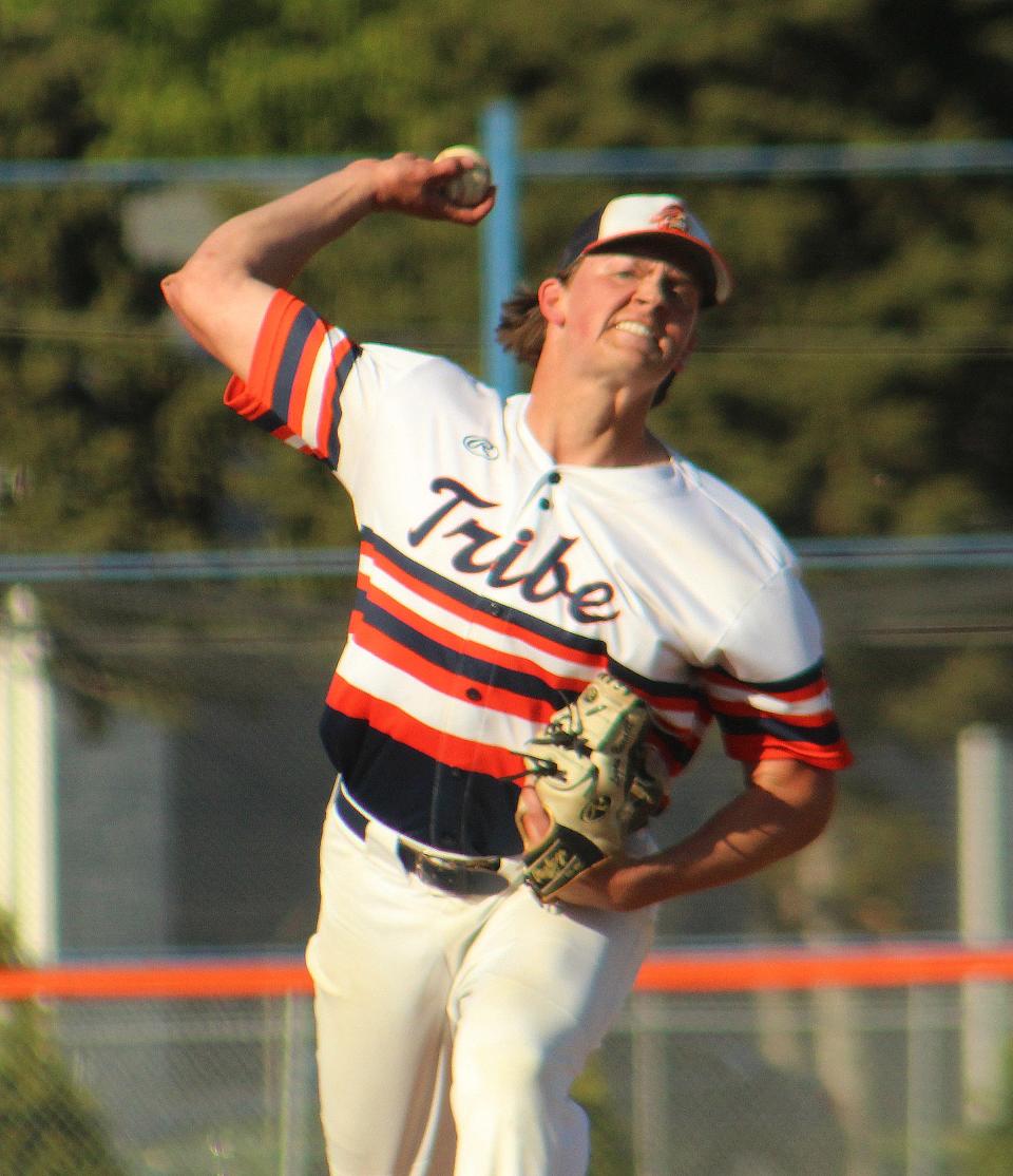 Pontiac senior Logan Barnett delivers a pitch against Paxton-Buckley-Loda Thursday at The Ballpark at Williamson Field. Barnett received a no-decision in an extra-inning 4-3 PTHS victory.