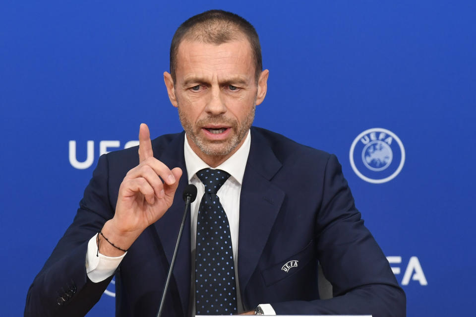 UEFA President Aleksander Ceferin, pictured here speaking to reporters in Switzerland.