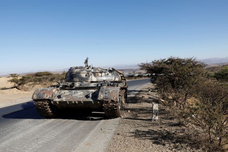 FILE PHOTO: A damaged Eritrean military tank is seen near the town of Wikro