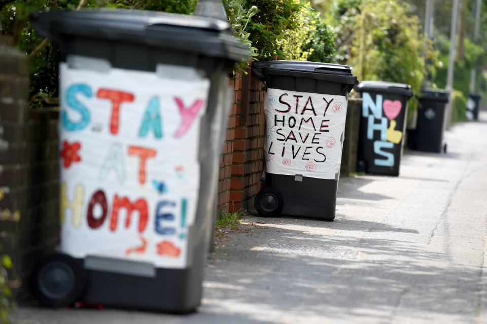POOLE, ENGLAND - APRIL 27: Decorated rubbish bins are seen showing support for the NHS and staying at home on April 27, 2020 in Poole, United Kingdom. British Prime Minister Boris Johnson, who returned to Downing Street this week after recovering from Covid-19, said the country needed to continue its lockdown measures to avoid a second spike in infections. (Photo by Finnbarr Webster/Getty Images)