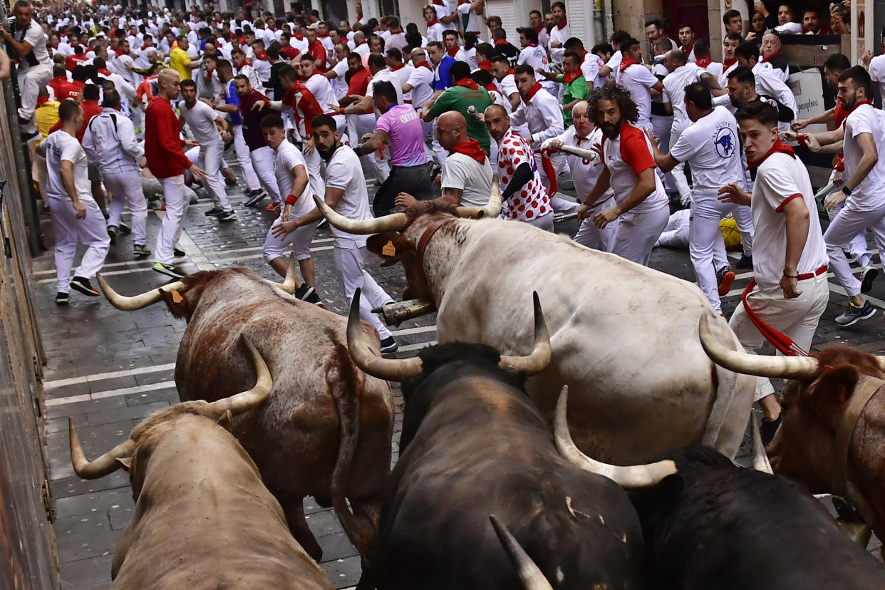 People run through the streets with fighting bulls and steers during the first day of the running of the bulls at the San Fermin Festival in Pamplona, northern Spain, Thursday, July 7, 2022. Revelers from around the world flock to Pamplona every year for nine days of uninterrupted partying in Pamplona's famed running of the bulls festival which was suspended for the past two years because of the coronavirus pandemic. (AP Photo/Alvaro Barrientos)