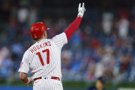 Philadelphia Phillies' Rhys Hoskins celebrates his home run during the sixth inning of the team's baseball game against the Boston Red Sox, Saturday, May 22, 2021, in Philadelphia. (AP Photo/Chris Szagola)