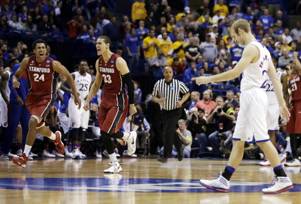 Stanford's Josh Huestis (24) and Dwight Powell (33) celebrate as Kansas' Conner Frankamp, right, heads toward the sideline at the end of a third-round game of the NCAA college basketball tournament Sunday, March 23, 2014, in St. Louis. Stanford won 60-57. (AP Photo/Jeff Roberson)