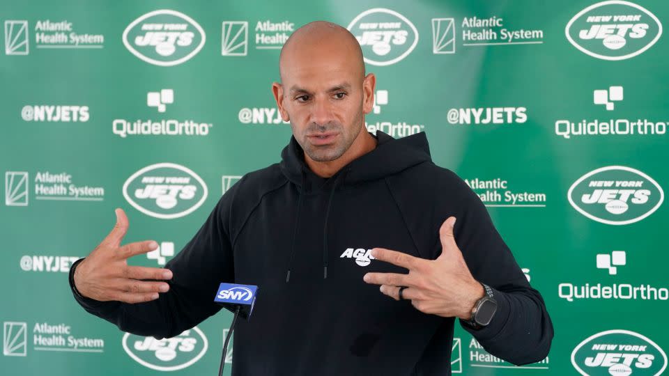 Jets head coach Saleh speaks to the media last week. - John Minchillo/AP