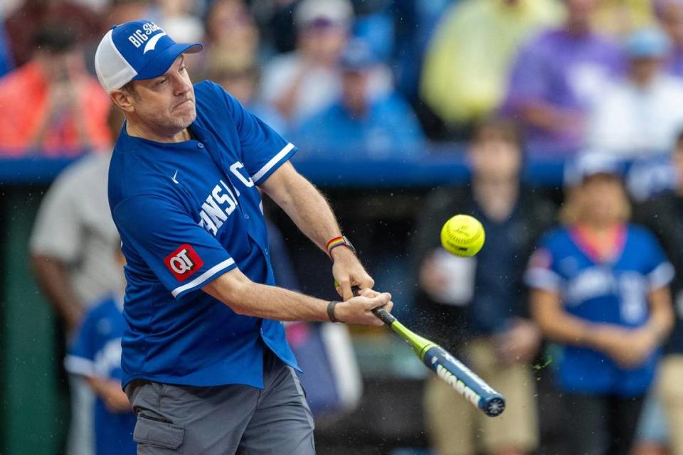 Actor Jason Sudeikis takes a swing during the Big Slick celebrity softball game at Kauffman Stadium on Friday, May 31, 2024, in Kansas City.