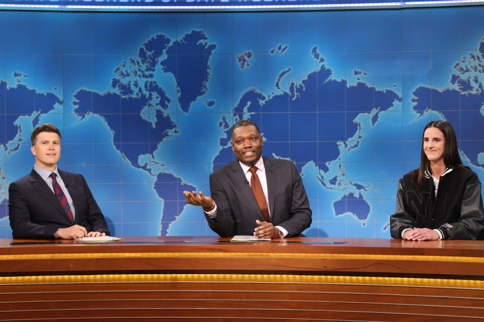 Colin Jost, Michael Che, and Caitlin Clark on Weekend Update