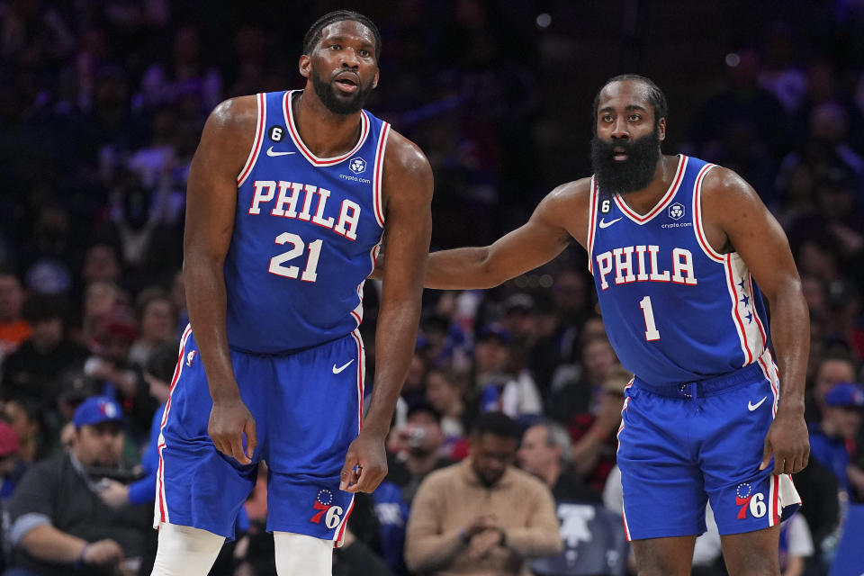 PHILADELPHIA, PA - JANUARY 10: Joel Embiid #21 and James Harden #1 of the Philadelphia 76ers in action against the Detroit Pistons at the Wells Fargo Center on January 10, 2023 in Philadelphia, Pennsylvania. NOTE TO USER: User expressly acknowledges and agrees that, by downloading and or using this photograph, User is consenting to the terms and conditions of the Getty Images License Agreement. (Photo by Mitchell Leff/Getty Images)