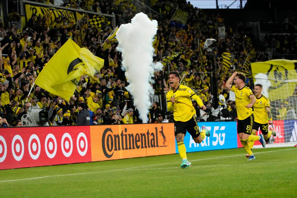 Dec 9, 2023; Columbus, OH, USA; Columbus Crew forward Cucho (9) celebrates his goal on a penalty shot against Los Angeles FC goalkeeper Maxime Crepeau (16) (not pictured) during the first half at Lower.com Field. Mandatory Credit: Adam Cairns-USA TODAY Sports