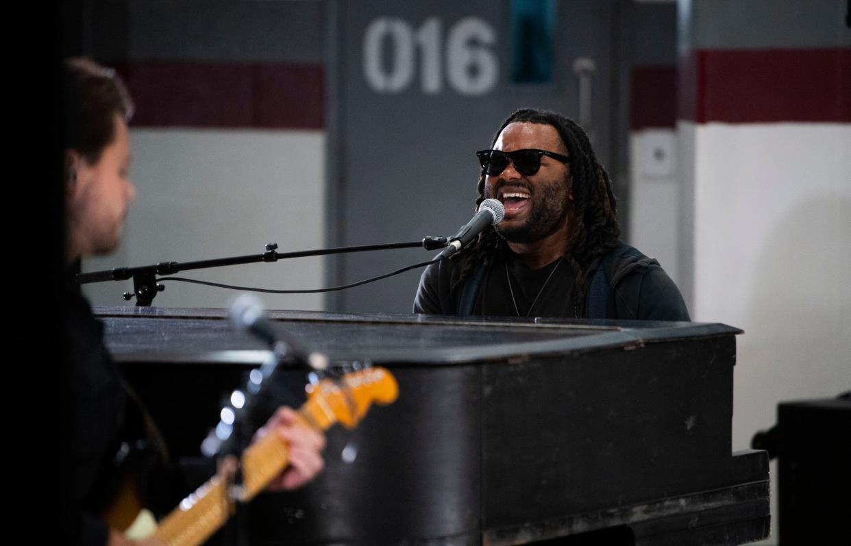 Blessing Offor, a two-time Grammy nominee, performs during the Send Musicians to Prison event at the Metro Detention Facility in Nashville, Tenn., Monday, Nov. 6, 2023.