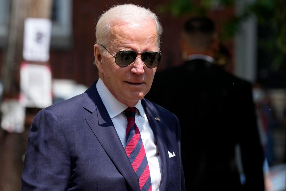 President Joe Biden departs after having lunch with family at Vietnam Cafe in Philadelphia, Monday, May 15, 2023, after attending his granddaughter Maisy Biden's commencement ceremony at the University of Pennsylvania.