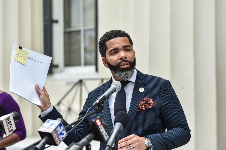 Mayor Chokwe Antar Lumumba speaks at City Hall regarding updates on the ongoing water infrastructure issues in Jackson, Miss., Tuesday, September 6, 2022. Lumumba presents a document detailing the schedule of implementing the Comprehensive Equipment Repair Plan (CERP), the correspondance of which is between the Environental Protection Agency (EPA) and the city of Jackson.