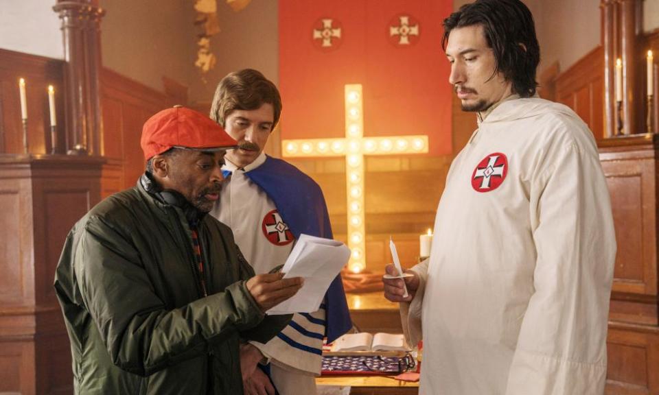 Adam Driver on set with director Spike Lee and Topher Grace for BlacKkKlansman.