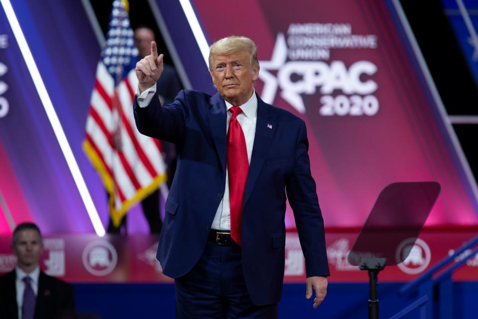 President Donald Trump greets the crowd after speaking at Conservative Political Action Conference, CPAC 2020, at the National Harbor, in Oxon Hill, Md., Saturday, Feb. 29, 2020.