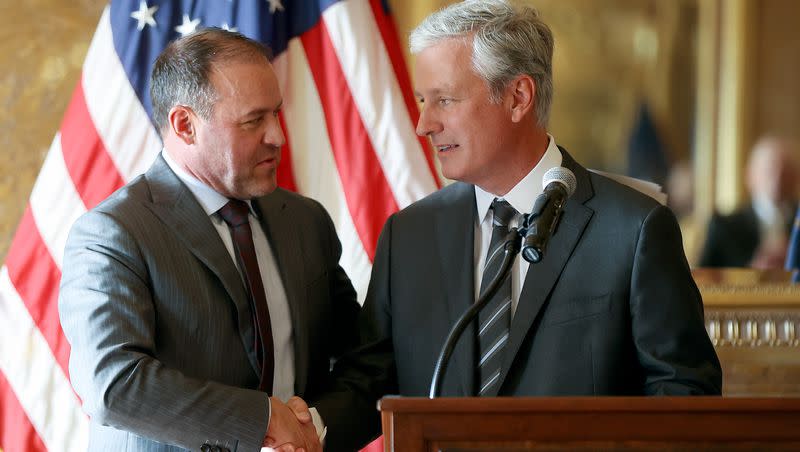 House Speaker Mike Schultz, R-Hooper, shakes hands with Robert C. O’Brien, former U.S. national security adviser, after O’Brien spoke about national security during a press conference at the Capitol in Salt Lake City on Monday, Feb. 12, 2024.