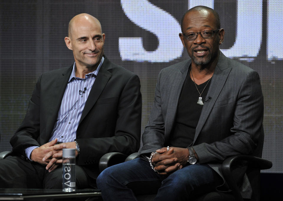 FILE - In this July 26, 2013 file photo, British actors Mark Strong, left, and Lennie James, cast members in the television series "Low Winter Sun," answer questions from reporters during AMC's Summer 2013 TCA press tour in Beverly Hills, Calif. "Low Winter Sun," premieres Aug. 11, 2013. (Photo by Chris Pizzello/Invision/AP)