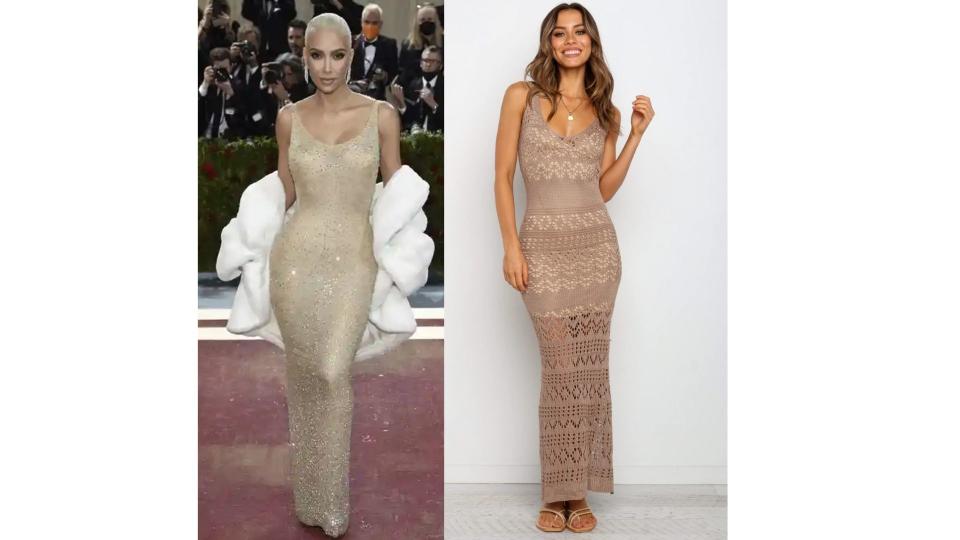 At left, Kim Kardashian in a figure-hugging cream sequeined gown and at right, a model wears a lacy knitted gown in a coffee colour, the Davina Dress, $76.97, from Petal and Pup.