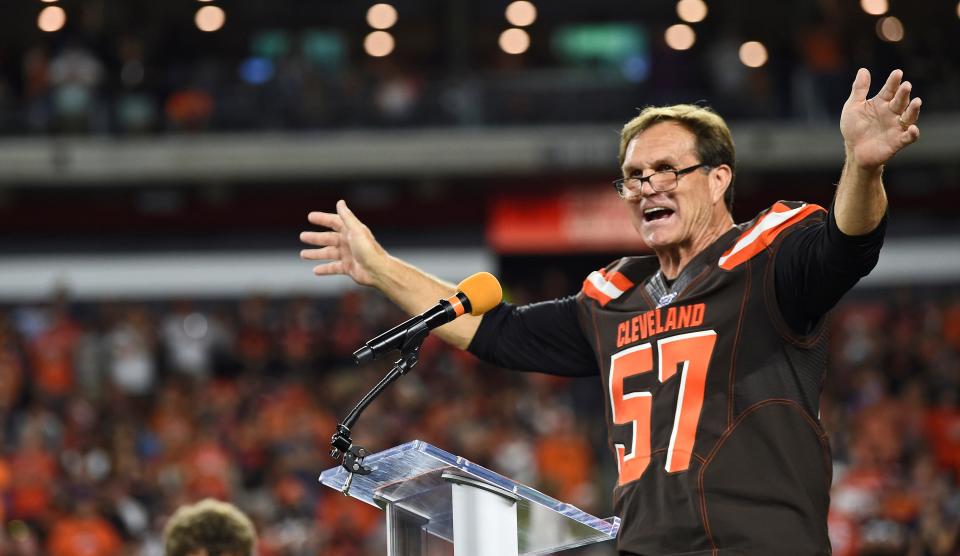 Former Browns linebacker Clay Matthews speaks during halftime of a game against the Los Angeles Rams, Sunday, Sept. 22, 2019, in Cleveland. Matthews was inducted into the Browns' Ring of Honor.