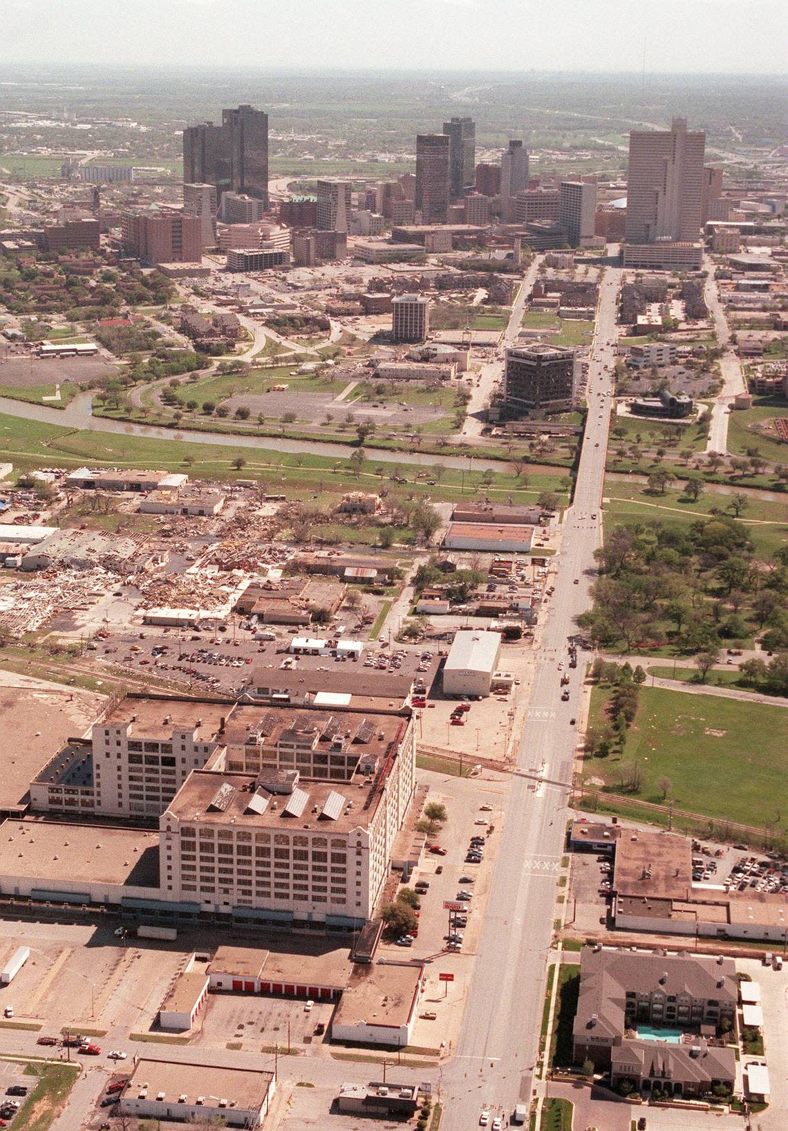 The March 28, 2000 tornado moved roughly along the north side of West 7th Street from the old Montgomery Ward building (now Montgomery Plaza) into downtown Fort Worth.