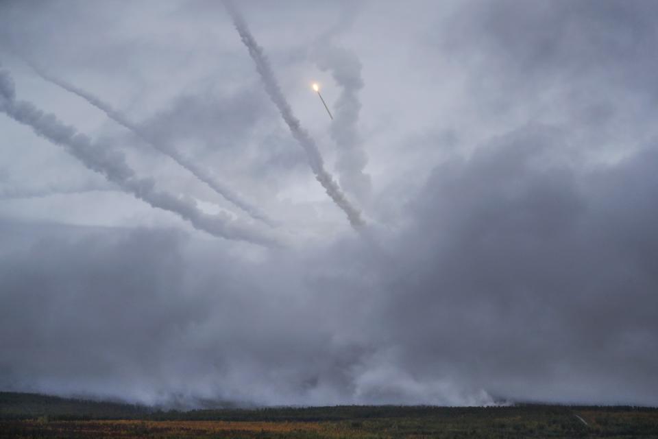 An air defense missile system flies during a military exercises on training ground "Telemba", about 80 kilometers (50 miles ) north of the city of Chita during the military exercises Vostok 2018 in Eastern Siberia, Russia, Wednesday, Sept. 12, 2018. Hundreds of thousands Russian troops swept across Siberia on Tuesday in the nation's largest ever war games also joined by China — a powerful show of burgeoning military ties between Moscow and Beijing amid their tensions with the U.S. (AP Photo/Sergei Grits)