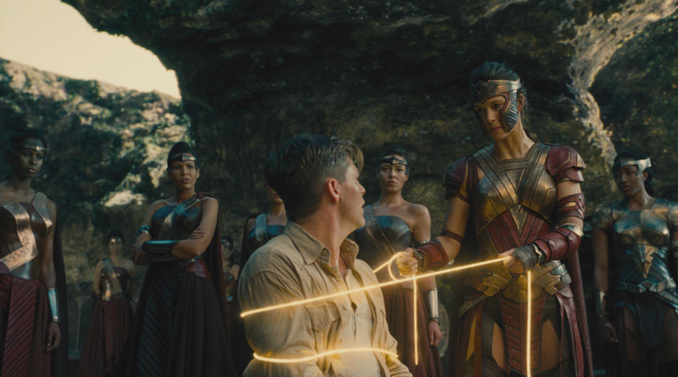 <p>Steve Trevor finds himself in a knotty situation after his plane crashes off the shore of Themyscira, bound in the Amazon’s iconic golden Lasso of Truth. (Photo: Warner Bros.) </p>