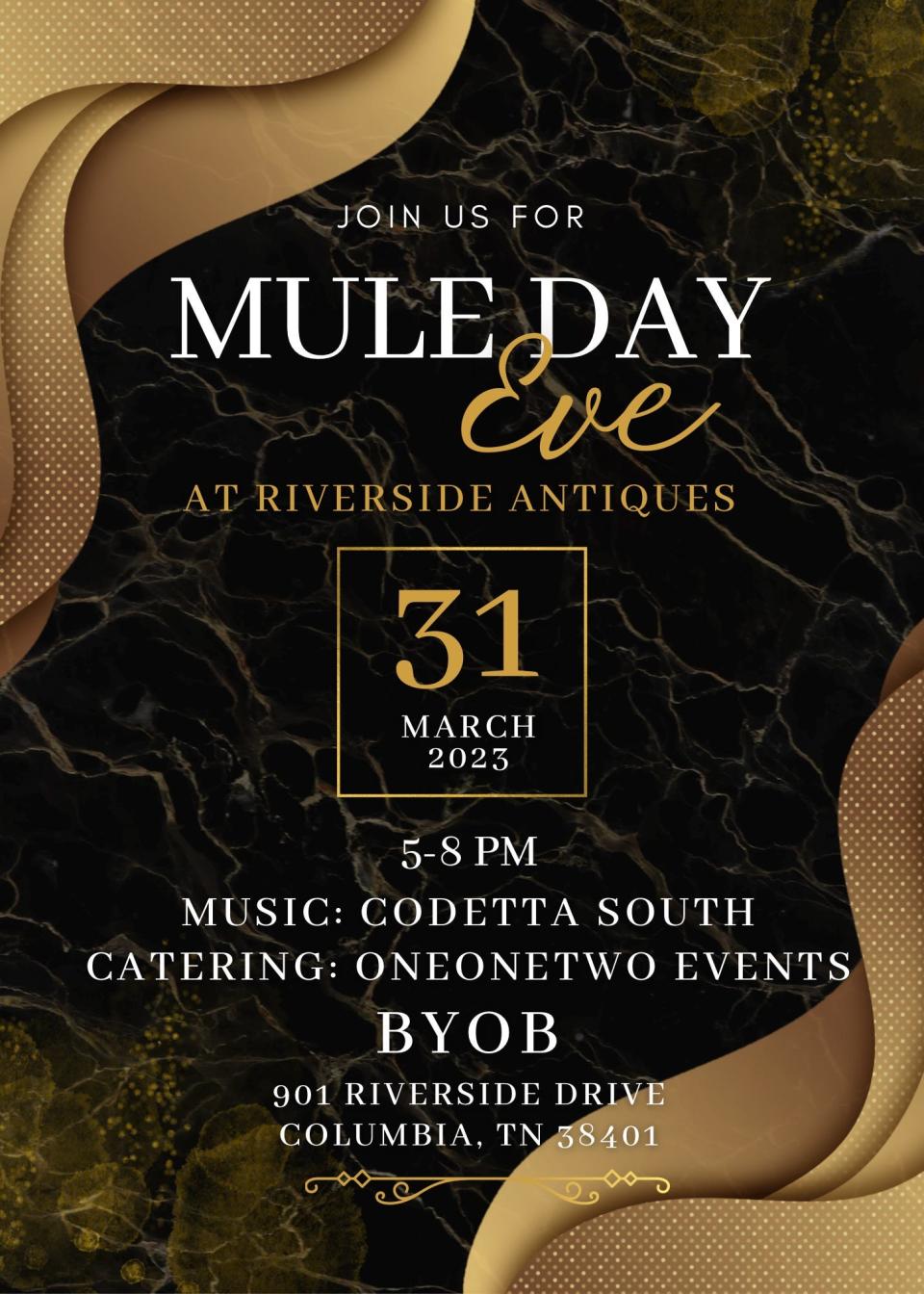 Celebrate Mule Day prior to Saturday's parade at Riverside Antiques, who will host a Mule Day Eve night of fun, with shopping, food and live music.