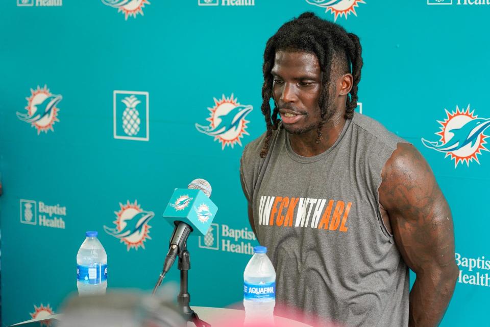 Miami Dolphins wide receiver Tyreek Hill speaks to the media after training camp at Baptist Health Training Complex, Wednesday, July 26, 2023 in Miami Gardens.