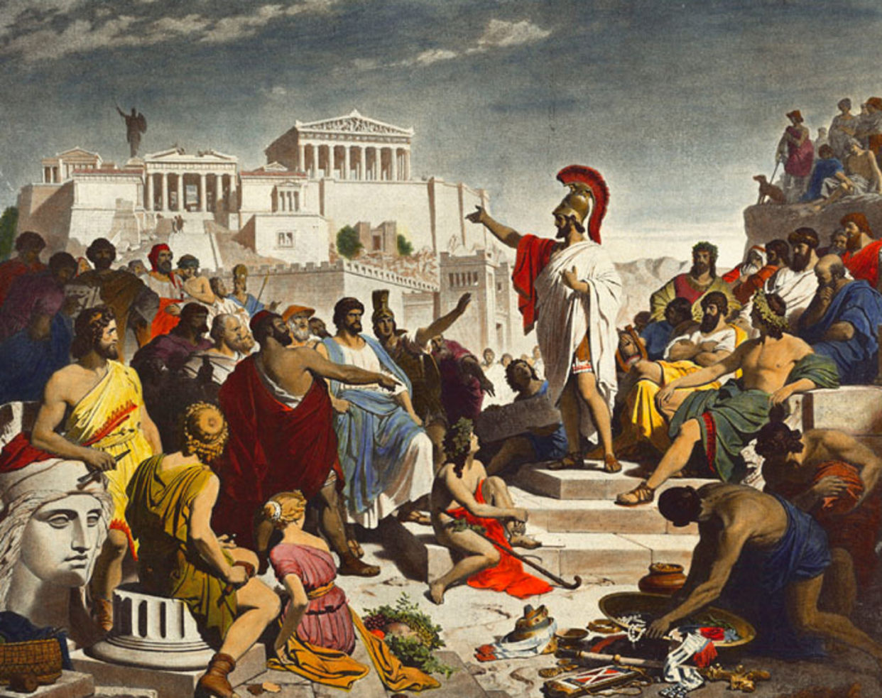 <span class="caption">In ancient Athens, most government officials were selected at random from among citizens eligible to fill the positions.</span> <span class="attribution"><a class="link " href="https://en.wikipedia.org/wiki/Pericles'_Funeral_Oration#/media/File:Discurso_funebre_pericles.PNG" rel="nofollow noopener" target="_blank" data-ylk="slk:Philipp Foltz;elm:context_link;itc:0;sec:content-canvas">Philipp Foltz</a></span>
