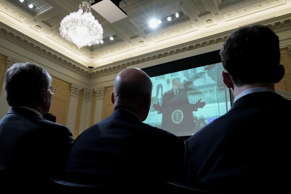 An image of former President Donald Trump is displayed during the third hearing of the House Select Committee in the Cannon House Office Building on June 16, 2022.<span class="copyright">Drew Angerer—Getty Images</span>