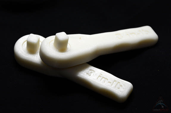 Two examples of the Made In Space, Inc. ratchet as 3D printed using the file released by NASA on its website.